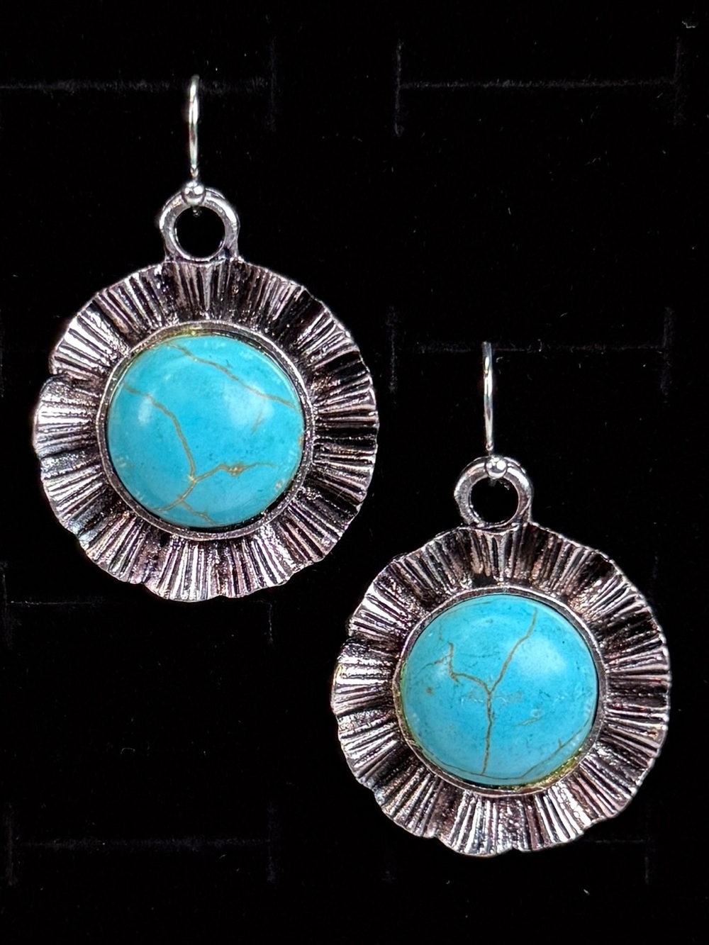 Aged Silvertone faux turquoise blue weighted southwestern style pierced earrings
